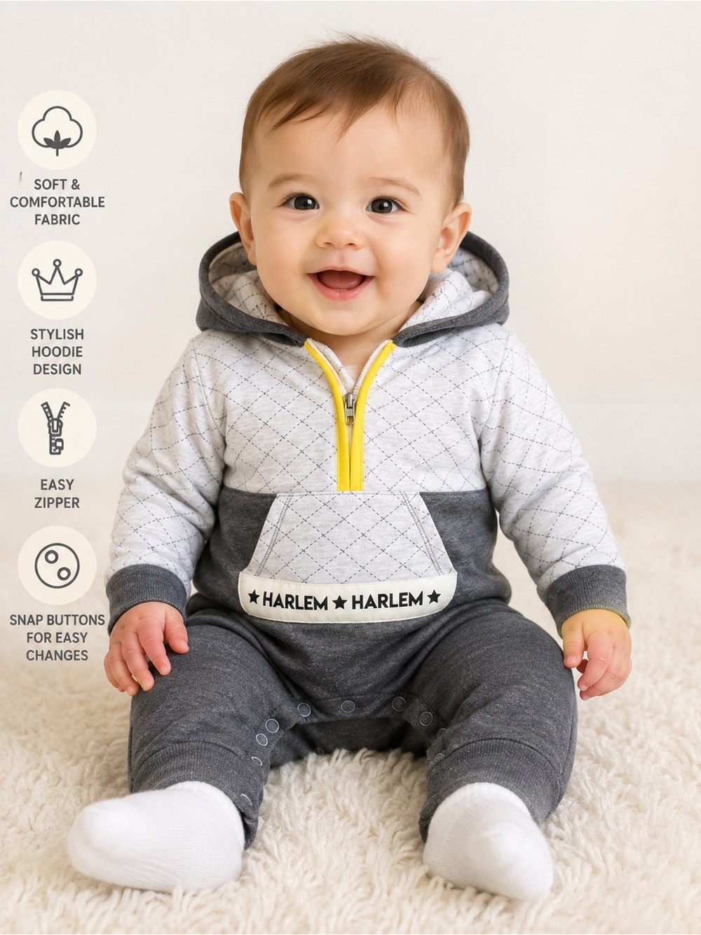 NWT Baby & Mother Hooded Harlem Romper | Gray One-Piece Jumpsuit, 3-6 M baby